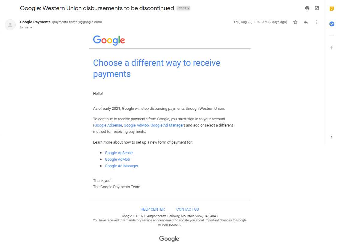 Google western union stop or shut down notice